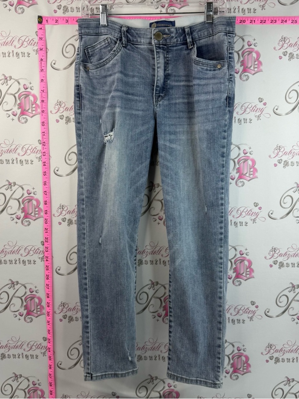 Democracy Women's Straight Leg Distressed Jeans Faded Light Blue Printed Casual
